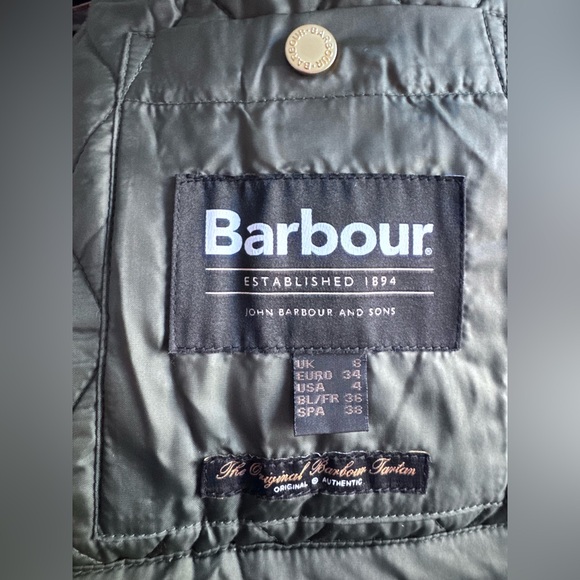 Barbour Olive Quilted Puffer Coat with Brown Trim - Picture 7 of 13